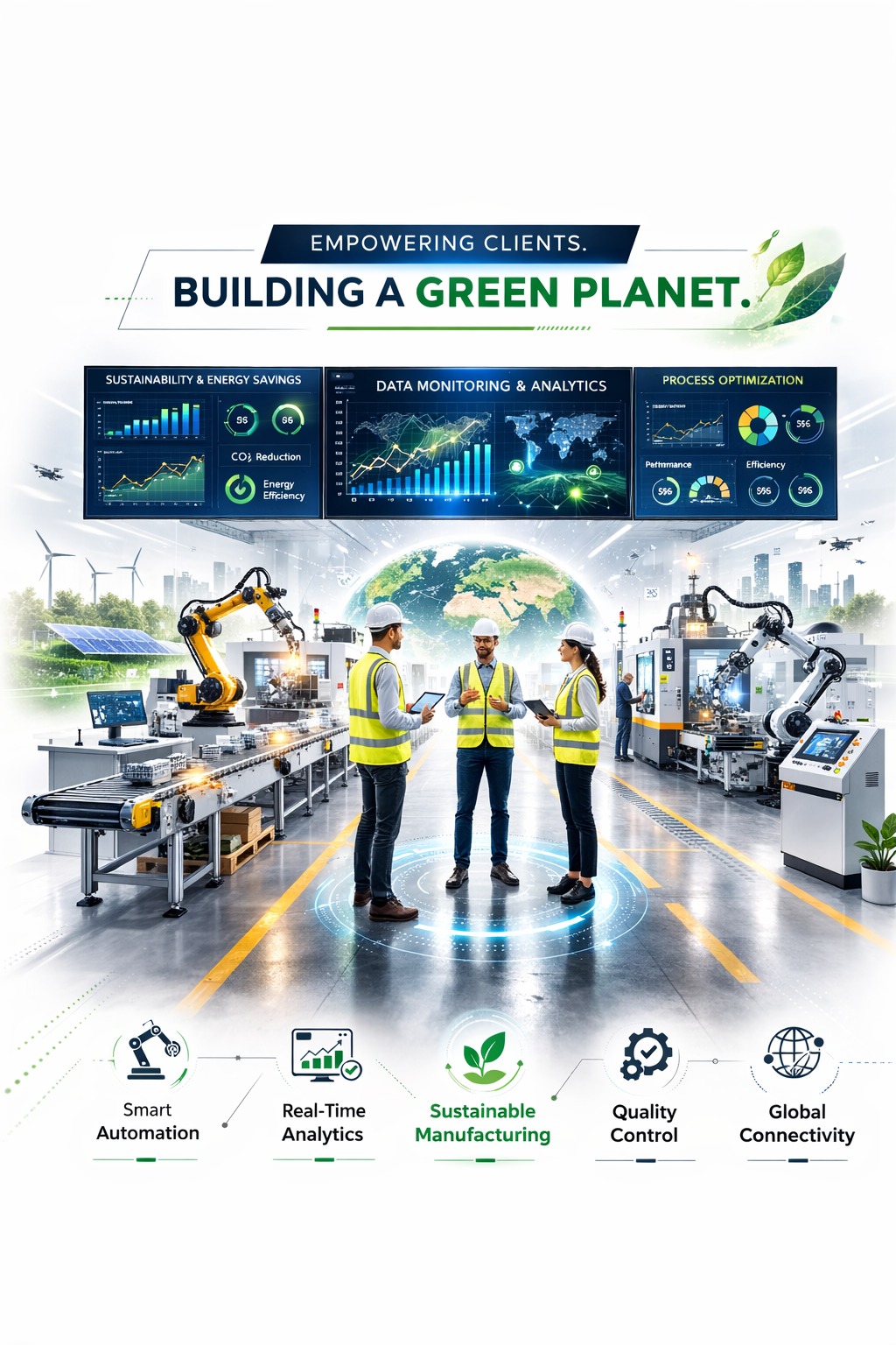 Industrial manufacturing facility with workers in safety gear collaborating around a globe, representing sustainable industrial solutions and global connectivity for green technology and process optimization